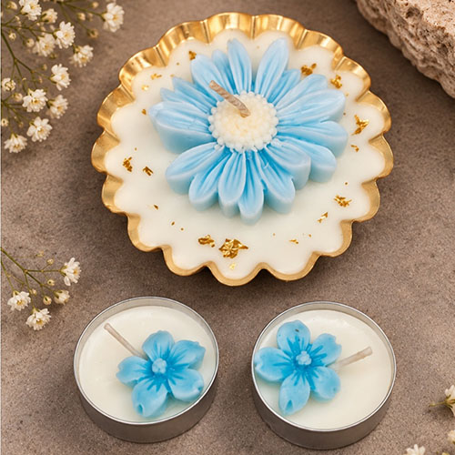 3.5 Inch Round Flower Urli Candle (Blue Daisy) - Image 3